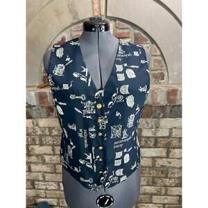 Liz Claiborne vest preppy blue white vintage 1980s novelty print steampunk
